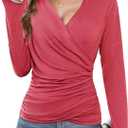 Women's Deep V Neck Cross Wrap Top, Long Sleeve Trendy Fall Ruched Asymmetricl Slim Fit Dressy Blouse M