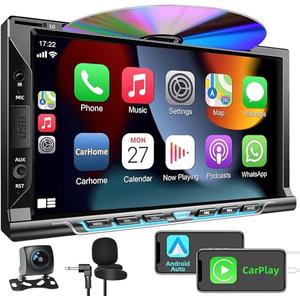 Double Din car Stereo with CD/DVD Player- CarPlay & Android Auto, Car Audio with Bluetooth, 7 Inch HD Touchscreen, Rear Camera, USB/TF/AUX, Subwoofer, AM/FM Radio Receiver