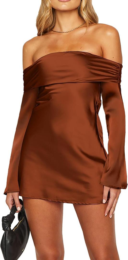 HYPERFIRE Women's Elegant Satin Off The Shoulder Long Sleeve Mini Dress Tie Back Wedding Cocktail Dresses (Brown)