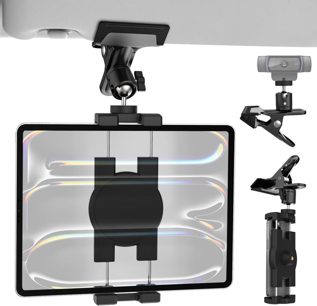 Sun Visor Tablet Holder for Car, Metal Clip Truck Visor Tablet Mount, 360° Rotating Visor Phone Clamp Mount with 1/4" Screw, for iPad Pro Air Mini, Galaxy Tab, iPhone, Camera, 4-11" Tablets