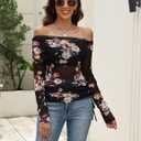 CiCiBird Womens 2025 Fall Off Shoulder Tops Long Sleeve Floral Mesh Shirts Trendy Going Out Outfits (XL)