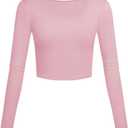 Lightweight Square Neck Crop Tops Long Sleeve Slim Fit Basic Shirts for Women (Pink, L)