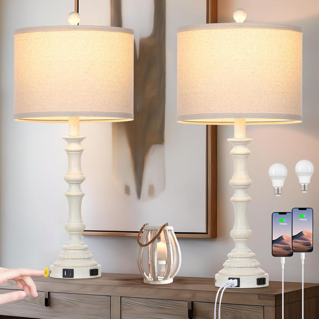 27.5" Farmhouse Table Lamps Set of 2 with USB C+A Ports & AC Outlet for Vintage Living Room Retro Bedroom,3-Way Dimmable Touch Lamp Resin Bedside Lamps for Nightstand Side End Table,White-1