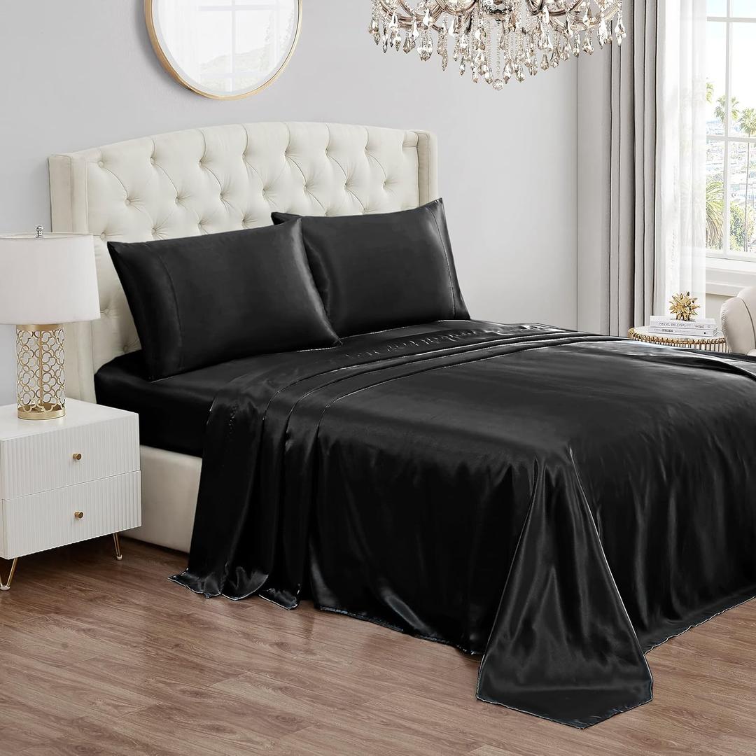 Juicy Couture Twin Size Satin Bed Sheet Set, Deep Pocket Silky Twin Sheet Set with 1 Fitted Sheet, 1 Flat Sheet and 1 Pillow Case, Wrinkle Resistant and Anti Pilling Bed Sheets - Black