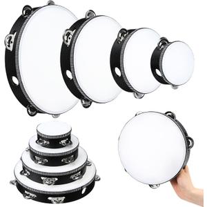 Reginary 8 Pcs Tambourine for Adults Handheld Wood Tambourine 4 Size Single Row Metal Jingles Musical Educational Gift Rhythm Percussion Instrument for Church Party Ktv(Black)