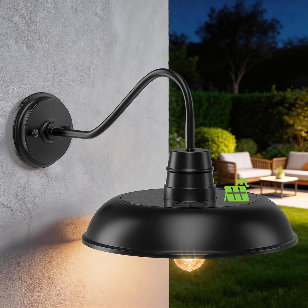 Solar Barn Lights Outdoor, 12 Inch Dusk to Dawn Gooseneck Barn Light, Black Exterior Light Fixture Modern Outdoor Wall Lights Waterproof Industrial Farmhouse Wall Lamp for Porch, Barn, Garage, Shed