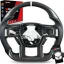 Real Carbon Fiber Steering Wheel Heated for F150 Raptor Gen 2 (2017-2020), D-Shape, Nappa Leather with White Stripe & Stitching, Matching Trim Piece, for Raptor with Paddle Shifters Models