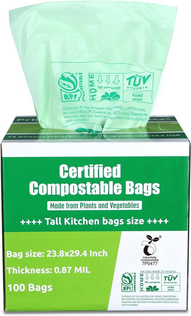 Primode Compostable Bags 13 Gallon, Tall Kitchen Trash Bags, 100 Count, Extra Thick 0.87 Mil. ASTMD6400 Food Scrap Yard Waste Compost Bags, Certified by BPI and TV AUSTRIA