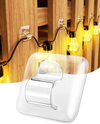 LZC Hooks for Outdoor String Lights Clips: 20 Pack Square Clear Large Heavy Duty Light Hook Waterproof Adhesive Strips - Outside Hanging Rope Light Cable Cord Holders Organizer