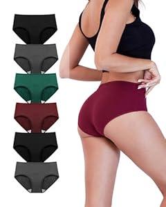 TIICHOO Underwear Women Pack Soft Cotton Mid/ Low Rise Women's Panties 6 Pack (Medium, 2 Black/ 2 Grey/ 1 Burgundy/ 1 Green)