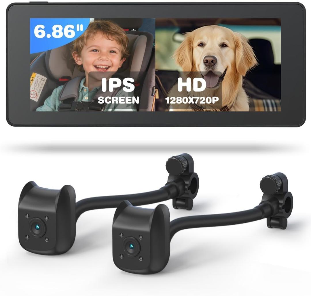 Baby Car Camera for 2 Kids | 6.86" 1080P IPS Dual-Camera Split Screen Monitor - 360 Rotation IR Night Vision - USB Powered for Rear Facing