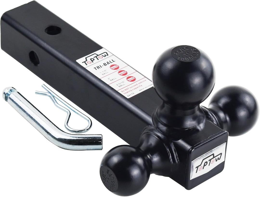 TOPTOW Trailer Hitch Tri-Ball Hitch Ball Mount with 1-7/8", 2" and 2-5/16" Black Tow Balls, Fits for 2-inch Hitch Receivers