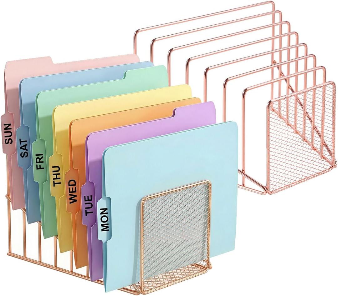 2 Pcs Incline File Sorter, 7 Slot Magazine Holder for Letter, Document, Folder and Book, Metal Desktop Organizer Rack for Home, School and Office (2-rose gold)