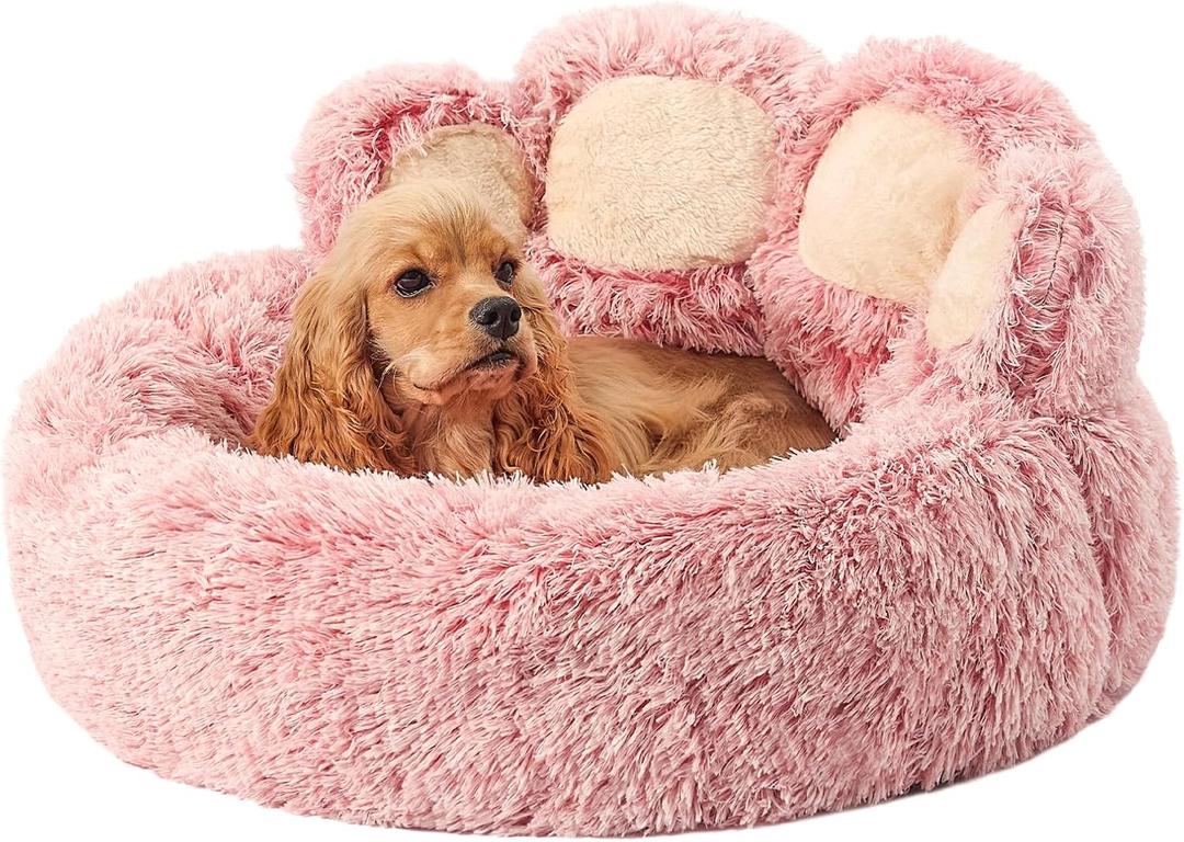 Jiupety Paw Shape Calming Pet Bed, Plush Faux Fur Donut Bed for Dogs & Cats, Machine Washable, Non-Slip Bottom, Large Size (26"x26"x8"), Pink