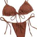 Lilosy Sexy Ribbed Padded String Thong Brazilian Bikini Swimsuit Set for Women Side Tie Knotted Bathing Suit 2 Piece (Coffee Brown) S