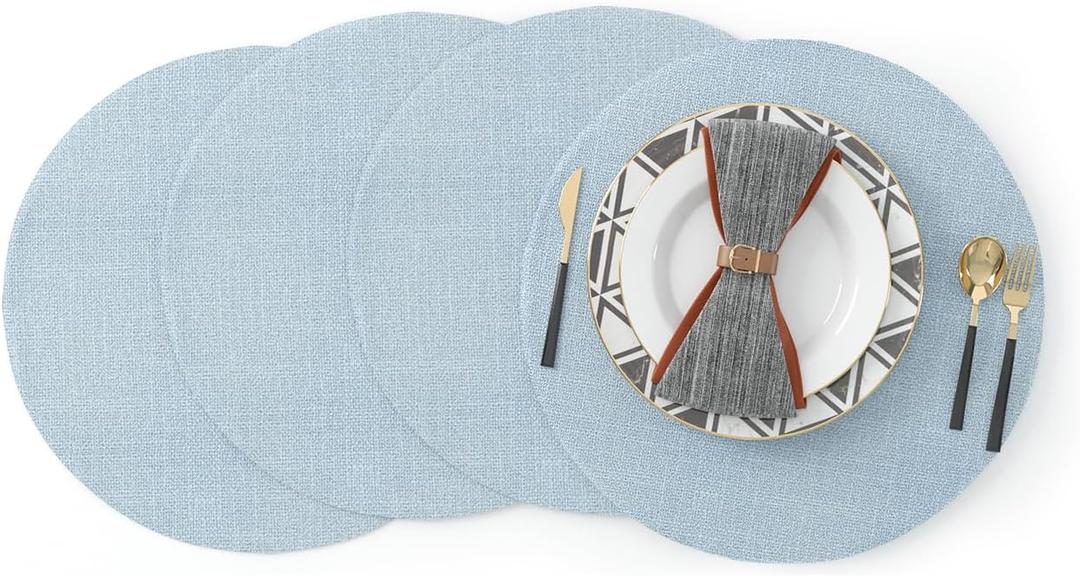 4 Piece Round Placemat 15 Inch Soft Linen eco-Friendly Fabric Handcrafted Machine Washable Indoor & Outdoor Tablemat Light Blue