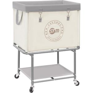 STORAGE MANIAC Rolling Laundry Cart with Storage Shelf, Heavy Duty Industrial Laundry Basket with Wheels, Commercial Metal Frame Clothes Hamper with Canvas Bag for Dorm, Closet, Bedroom, Beige