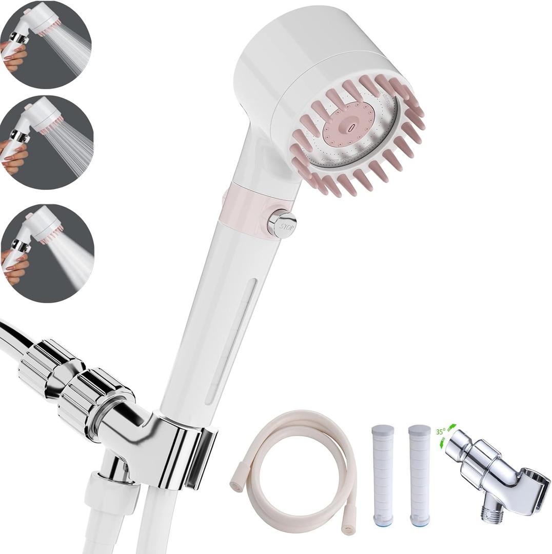 Shower Head with Handheld, Shower Heads High Pressure, High Flow Even with Low Water Pressure-Hand Held Showerhead Set,3 Modes Filtered Showerhead with 59Replacement Hose/Bracket/Cotton Filters (White)