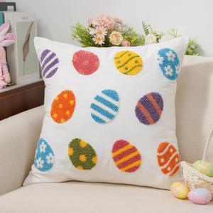Easter Pillow Covers 18x18 Inch Easter Decorations Egg Embroidered Throw Pillowcases for Home Farmhouse Living Room Bedroom Holiday Indoor Decor