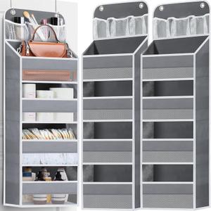 2 Pack Over The Door Organizer, Hanging Storage Organization with Large Capacity Pockets, Swing-Proof Behind Door Storage Shelf for Kicthen Bedroom Nursery Kids Toys Shoes, Grey