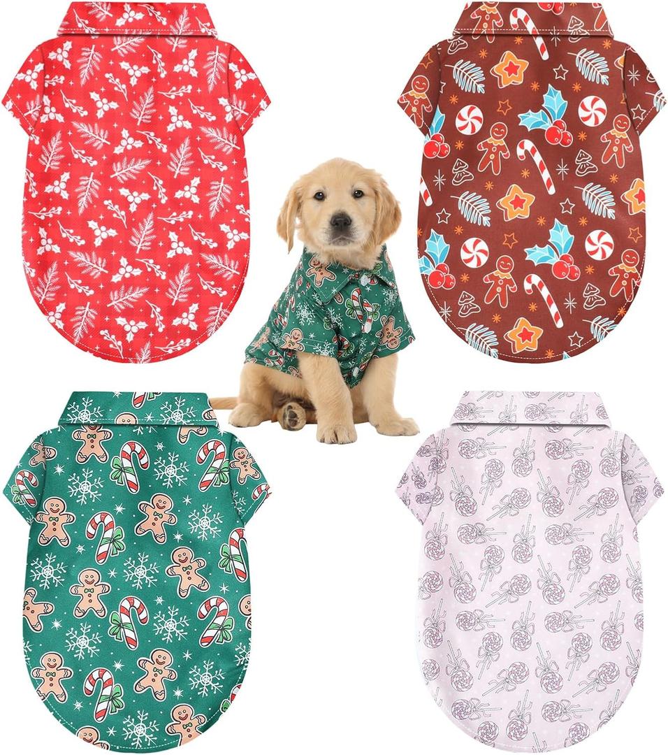 Weewooday 4 Pack Christmas Dog Shirts Pet Costumes Set, Funny Pattern Soft Dog T-Shirt Snowflakes Gingerbread Men Candy Berries Pet Outfit for Cats, Small and Medium Dogs Xmas Holiday Party(Xs)