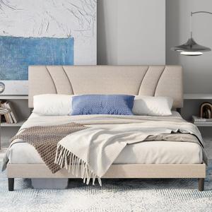 Avenco Queen Bed Frame, Upholstered Platform Bed Frame with Adjustable Headboard, Wood Slat Support, Easy to Assemble,Box Spring no Needed, Beige