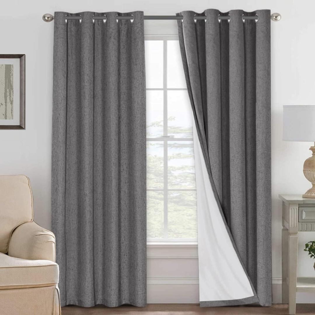 H.VERSAILTEX Linen Blackout Curtains 96 Inches Long 100% Absolutely Blackout Thermal Insulated Textured Linen Look Curtain Draperies Anti-Rust Grommet, Energy Saving with White Liner, 2 Panels, Grey