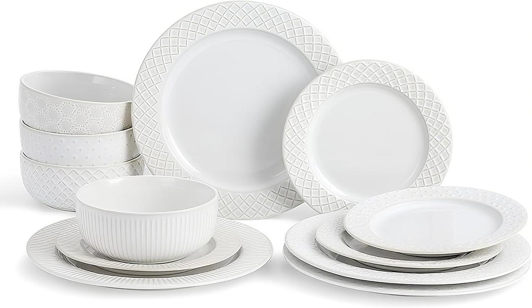 4 Different Embossed Ceramic Dinnerware Set for 4 - Arctic White Vintage Plates & Bowls Set 12 Piece - Microwave & Dishwasher Safe Porcelain Chip Resistant Handmade Dishware Set Kitchen Gift