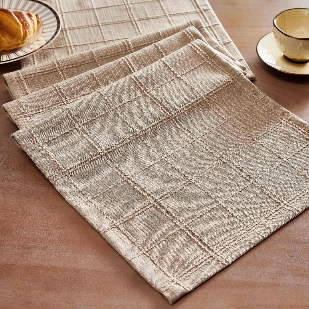 ZeeMart Linen Checked Table Runner, 13x108 Inches Taupe, Textured Woven Farmhouse Table Runners 108 Inches Long, Grey Brown Plaid Dresser Scarf for Kitchen Dining Holiday Everyday Decor