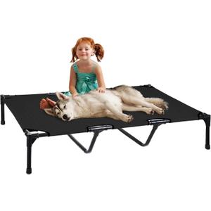 FIOCCO Elevated Dog Bed - Dog Cot with Chew Proof Mesh for X-Large Dogs, Waterproof Washable Raised Pet Bed, Portable Pet Bed for Outdoor Use, Dogs Cot Beds, Black