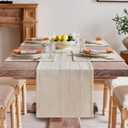 ZeeMart Linen Checked Table Runner, 13x72 Inches Beige, Textured Woven Farmhouse Table Runners 72 Inches Long, Neutral Plaid Dresser Scarf for Kitchen Dining Holiday Everyday Decor