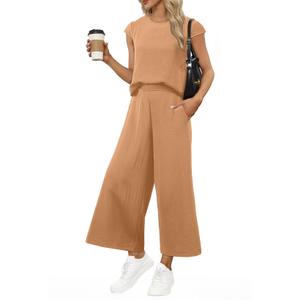 EVALESS 2 Piece Sets for Women Spring 2026 Vacation Outfits Beach Vacation Clothes Cap Sleeve Summer Tops Wide Leg Pants Matching Sets Women Clothing Light French Beige, Medium