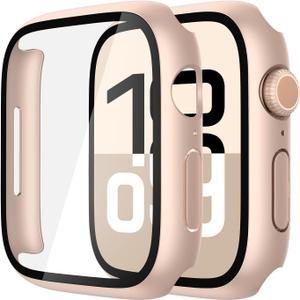 Misxi 2 Pack Tempered Glass Case Compatible for Apple Watch Series 11 (2025) Series 10 46mm, Hard PC Screen Protector Overall Protection Scratch-Resistant Cover for iWatch, 1 Rose Gold + 1 Transparent
