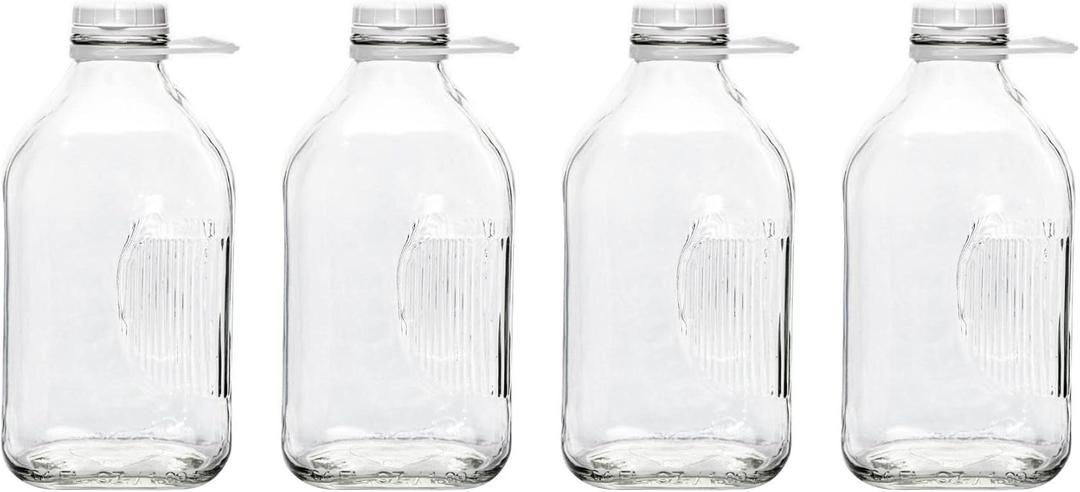 The Dairy Shoppe Glass Milk Bottle, Heavy Glass with 48 mm Lid, Creamery Style (64 oz/4 pk, Half Gallon)