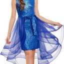 GRACE KARIN Girls Sequin Party Dress Sparkle Formal Birthday Pageant Prom Three-Layer Tulle Midi Dress Size 5-12Y (Royal Blue)