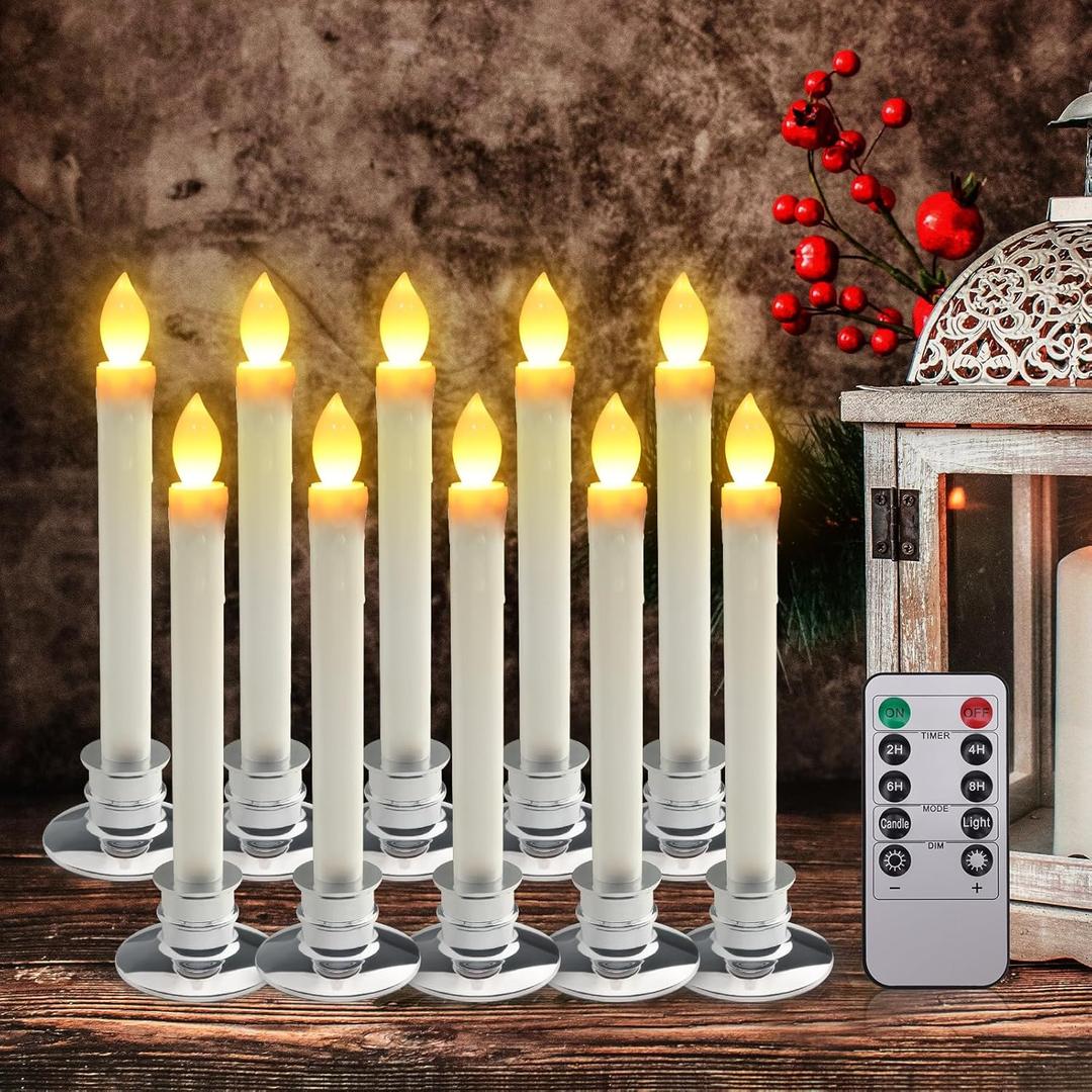 LED Flameless Window Candles With Remote Timer Sliver Base 10 PCS Battery Operated Flickering Taper Candle Lights With Removable Sliver Candle Holders Best Gift For Xmas Wedding Home Dinner Dcor (Silver)