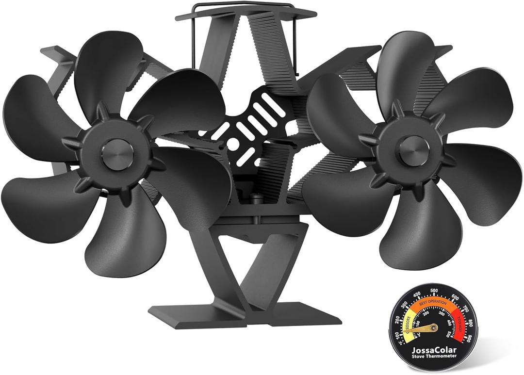 JossaColar Wood Stove Fan Heat Powered | 12-Blade Non Electric Heat Activated | Cocoon Fan for Fireplace/Pellet/Log Burner with Stove Thermometer | Wood Stove Accessories