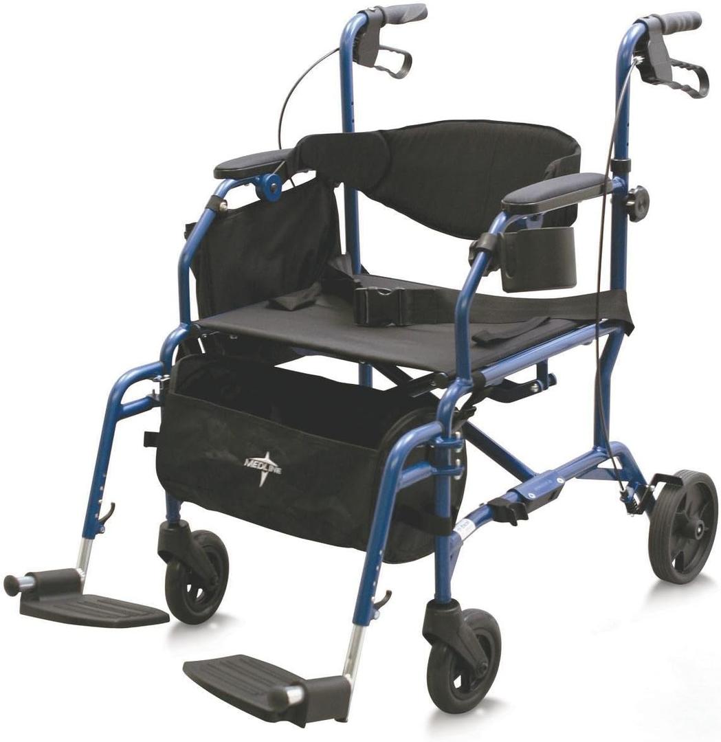Medline Translator Combination Transport Chair and Rollator, Blue - Lightweight, Foldable, 250 lb. Capacity