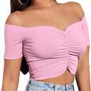 LYANER Women's Off Shoulder Ruched Short Sleeve Rib Knit Sexy Crop Top Blouse (Pink, XS)