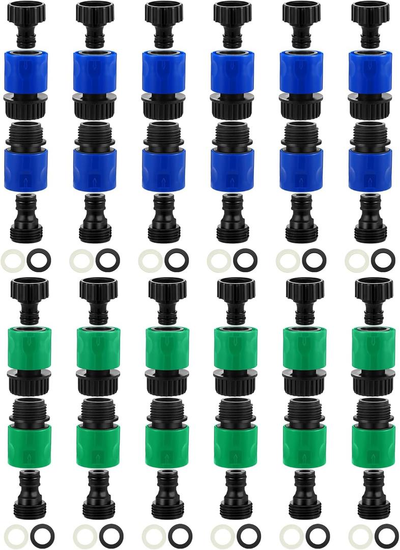 48 Pcs Garden Hose Quick Connector 3/4 Inch Plastic Water Hose Quick Connectors Fittings Male and Female Release Hose Connectors Hose End Adapters with 24 Rubber Gaskets(Blue, Green)
