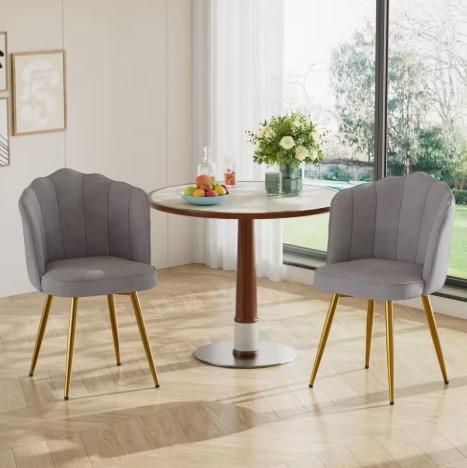 VECELO Velvet Dining Chairs Set of 2, Modern Upholstered Kitchen Chairs with Thick Cushions, Curved Padded Backrest and Metal Legs, for Kitchen, Dining Room, Living Room, Gray