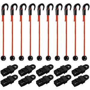 NEWCOMDIGI Tarp Clips and Bungee Cords Set, 20 Pack Heavy Duty Lock Grip and Adjustable Bungee Strap with Hooks, 24inch Elastic Bungie Cord and Tent Fasteners