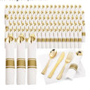 Supernal 120Pack Gold Plastic Silverware Wrapped Plastic Cutlery Set with Napkin,Pre Rolled Napkins with Cutlery Set,Rolled Silverware Disposable For Valentine's Day Mother's Day and Easter