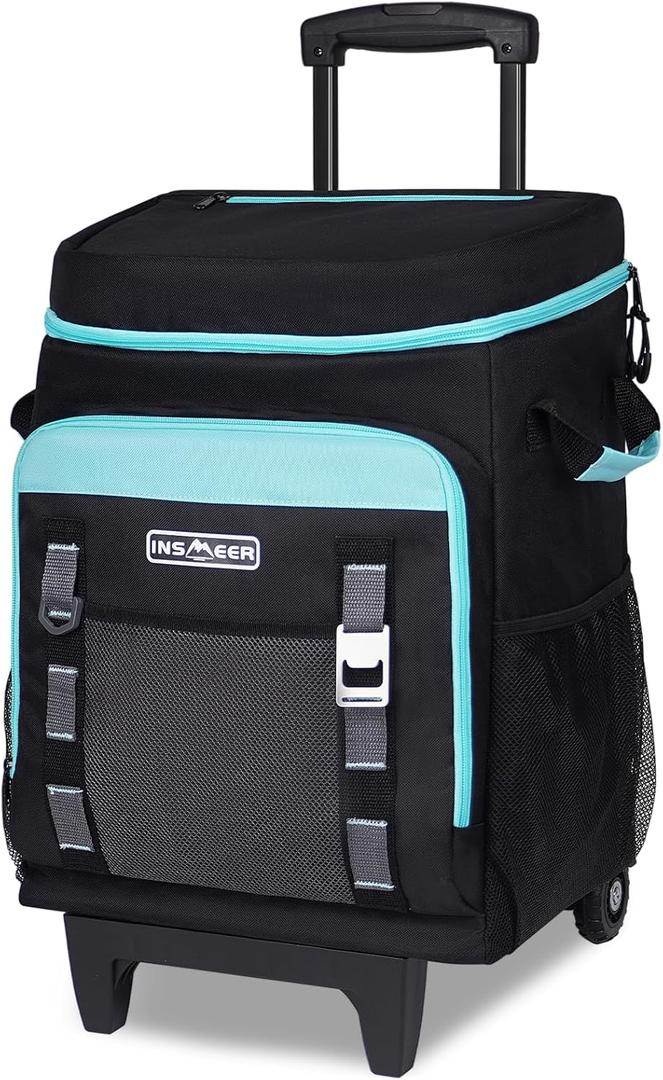 INSMEER Cooler with Wheels and Handle, 80 Cans/50L Rolling Cooler, Portable Soft Sided Coolers with Wheel, 2-in-1 Collapsible Cooler Trolley Cart, Large Coolers for Grocery Shopping