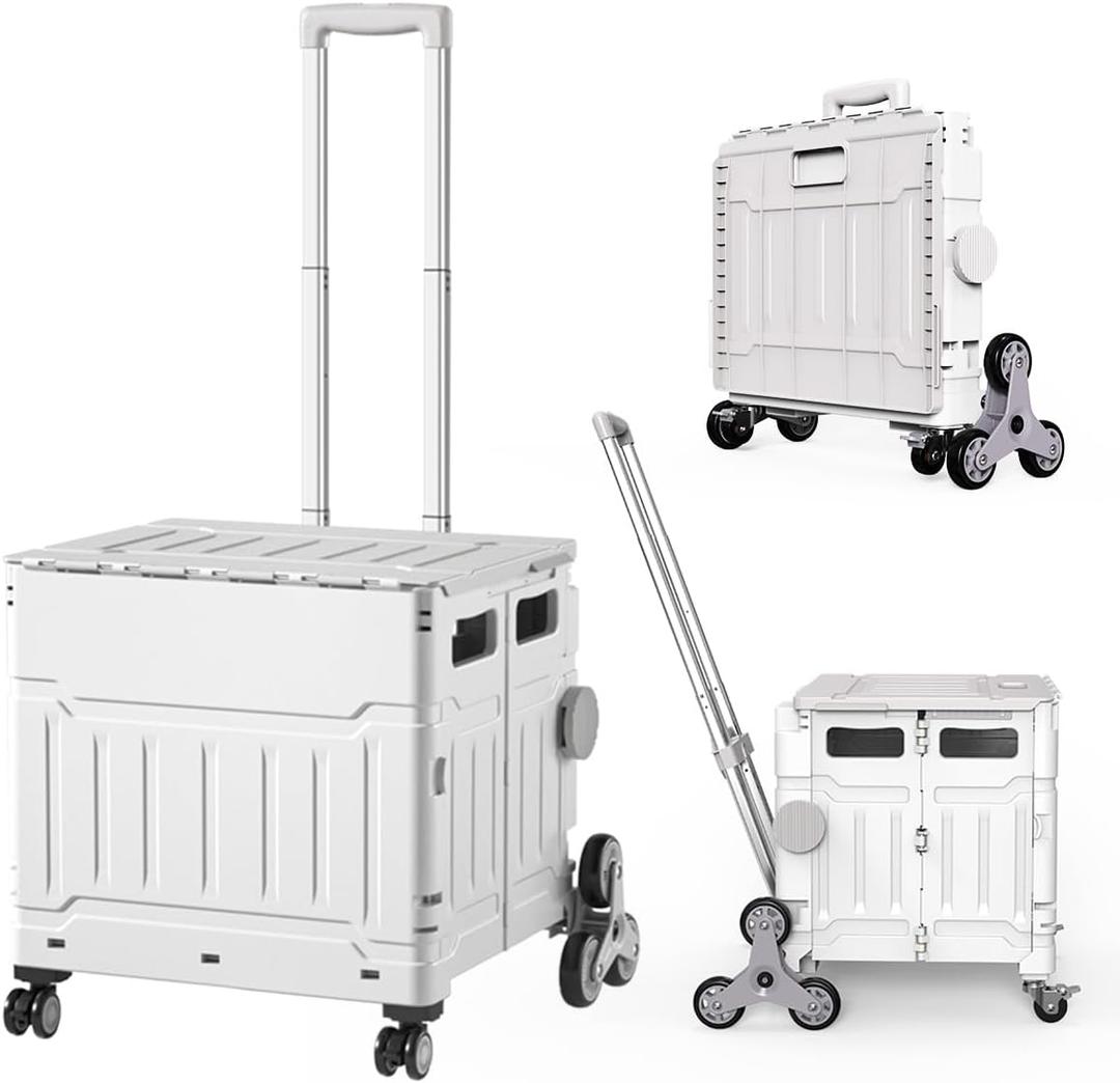Foldable Utility Cart with Stair Climbing Wheels,Folding Portable Rolling Crate Handcart with Aluminium Alloy Telescoping Handles, Handcart for Grocery Book File Tool Art Supplies (White)