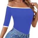 LilyCoco Womens Off The Shoulder Tops Half Sleeve Boatneck Tee Plain Fitted T Shirt White X-Large (Blue, XL)