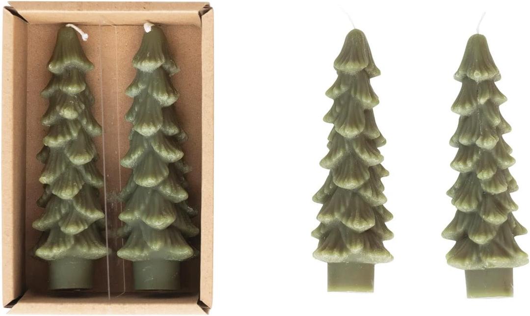 Creative Co-Op Unscented Tree Shaped Taper Candles, Evergreen, Boxed Set Of 2 (5")