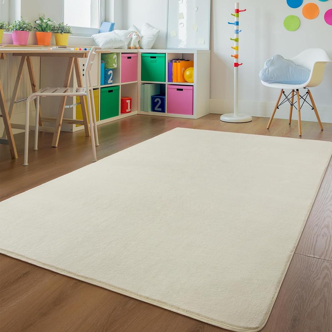 Andecor 4x6 Cream White Fluffy Bedroom Area Rug, Shag Washable Rugs for Living Room Dorm Nursery, Non-Slip Indoor Fuzzy Carpet for Boys Girls Kids Pets, Home Decor