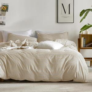 JELLYMONI 100% Natural Cotton 3pcs Striped Duvet Cover Sets,White Duvet Cover with Khaki Stripes Pattern Printed Comforter Cover,with Zipper Closure & Corner Ties(Queen Size) (1601)