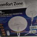 Comfort Zone 16-Inch Oscillating Pedestal Fan with Remote Control, 3-Speed High-Velocity Cooling, Adjustable Height & Tilt, Quad-Pod Folding Base, White ETL Listed